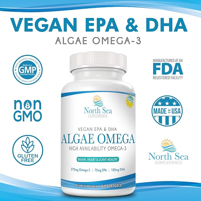 Vegan Algae Omega-3 60 Softgels - Plant Based Alternative to Fish Oil - Supports Heart Brain Joint Health - Sustainably Sourced Omega-3 from Algae - DHA &amp EPA Fatty Acids
