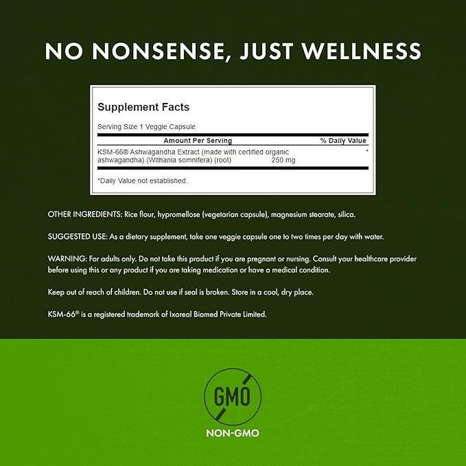 Swanson Ultimate Ashwagandha KSM-66 - Herbal Supplement Supporting Healthy Stress Levels &amp Relaxation - Natural Formula to Promote a Calm &amp Relaxed Mindset - (60 Veggie Capsules 250mg Each) (