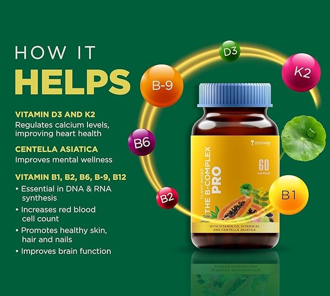 Vitamin B Complex with Vitamin D3 Vitamin K2 &amp Centella Asiatica with B1 B2 B3 B5 B6 B9 &amp Vitamin B12 |Improves Hair Skin &amp Nails | Improves Heart Health &amp Regulates Calcium | 6