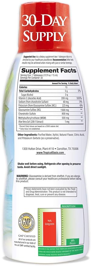 Tropical Oasis–Premium Liquid Glucosamine Chondroitin &amp MSM- Liquid Joint Support Formula 1500mg Glucosamine 800mg Chondroitin &amp 500mg MSM - 16 Fl Oz