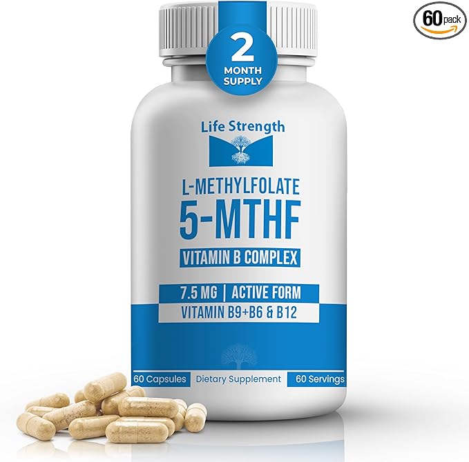 L-Methylfolate 7.5mg + Vitamin B Complex - 5-MTHF B6 &amp B12 Methylcobalamin - 60 Capsules - Professional Strength Active Methyl Folate - Non GMO Gluten Free No Fillers (2-Month Supply)
