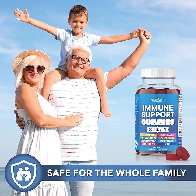 NEW AGE 8 in 1 Immune Support Booster Supplement with Astragalus Root Vitamin C and Zinc 50mg Vitamin D 5000 IU Quercetin &amp Bromelain (8 in 1 Gummies (Pack of 2))