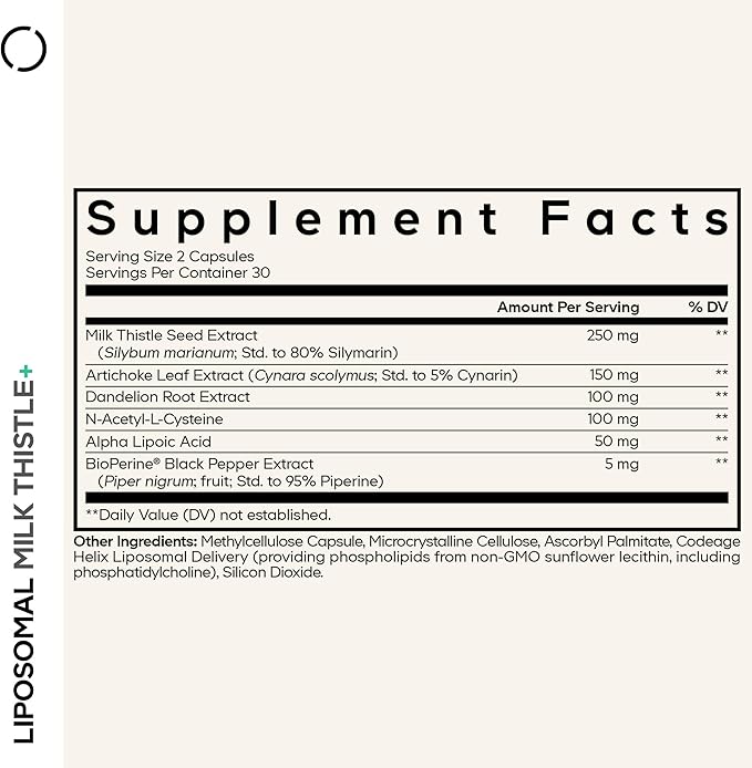 Codeage Liposomal Milk Thistle+ Supplement - Silymarin from Silybum Marianum NAC Artichoke Leaf Dandelion Root Alpha Lipoic Acid BioPerine Liposomal Delivery - Non-GMO - 60 Capsules