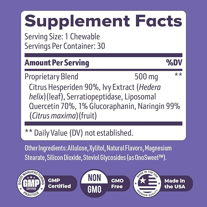 NiteHush Pro – Nighttime Chewable Formula with Ivy Extract Quercetin &amp Citrus Compounds – Non-GMO Natural No Stimulants Made in USA GMP Certified– 30 Chewables 1 Month Supply