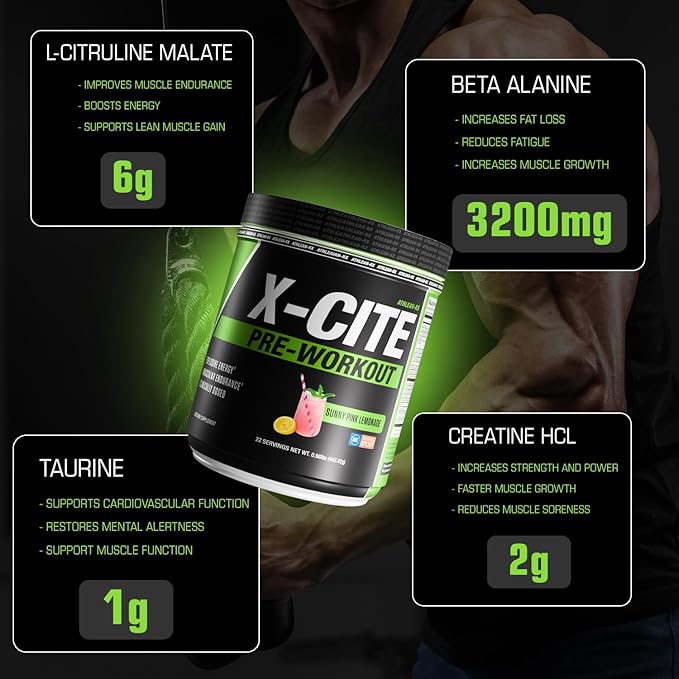 X-CITE Pre-Workout by ATHLEAN-X - Enhanced Formula with Beta-Alanine Creatine &amp Caffeine for Ultimate Energy Endurance Focus &amp Muscle Pump NSF Certified for Sports (Sunny Pink Lemonade)