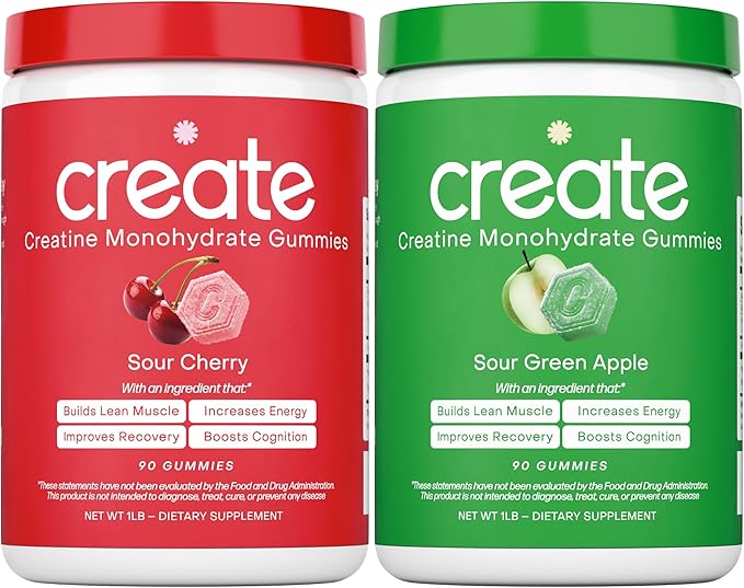 Create Creatine Monohydrate Gummies - Sour Power Duo - Sour Apple &amp Sour Cherry - Creatine Gummies for Women &amp Men NSF Certified 3rd Party Tested Anti-Melting Formula 180 Count (2-Pack)