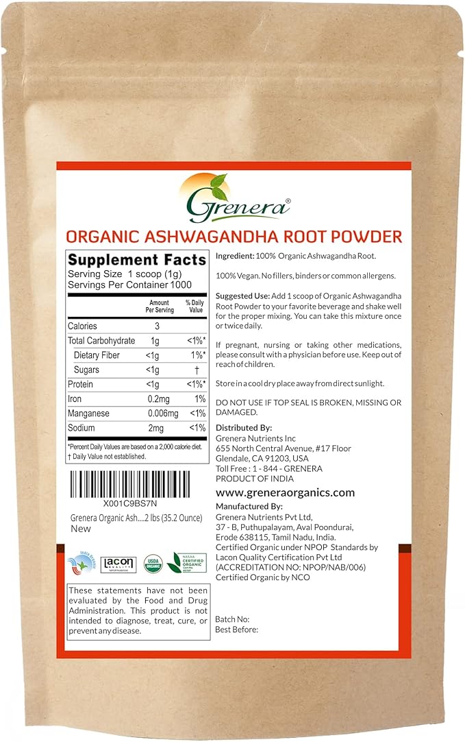 Grenera Organic Ashwagandha Powder 2.2 lbs (35.2 Ounce) (Withania somnifera) - Organic Vegan Kosher Certified