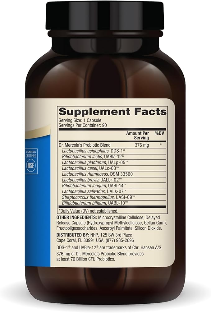 Dr. Mercola Complete Probiotics - 70 Billion CFU - Supports Immune Digestive &amp Gut Health - Features 10 Strains - Shelf Stable - GMO-Free Gluten-Free &amp Soy-Free - 90 Capsules (90 Servings)