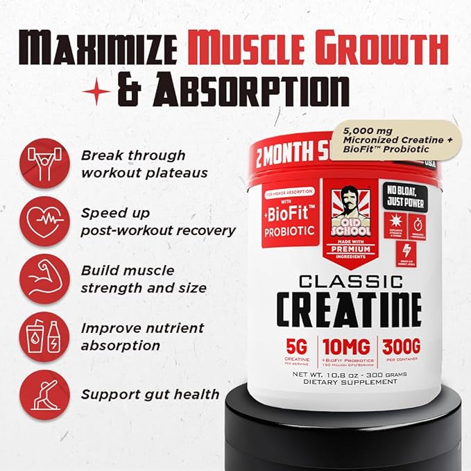 Old School Labs Micronized Creatine Monohydrate with No Bloat BioFit™ Probiotic - Men &amp Women Post-Recovery Powder for Strength &amp Performance - 60 Servings Unflavored