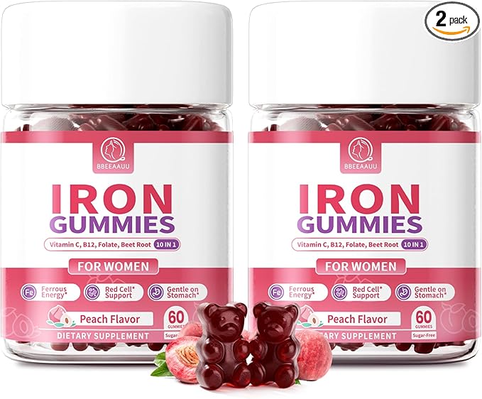Iron Gummies for Women - Heme Iron for Max Absorption &amp Gentle on Stomach 10-in-1 with Vitamin C B12 Folate Supports Energy Focus &amp Red Blood* Cell* Wellness Peach Flavor 60 Counts (2 P