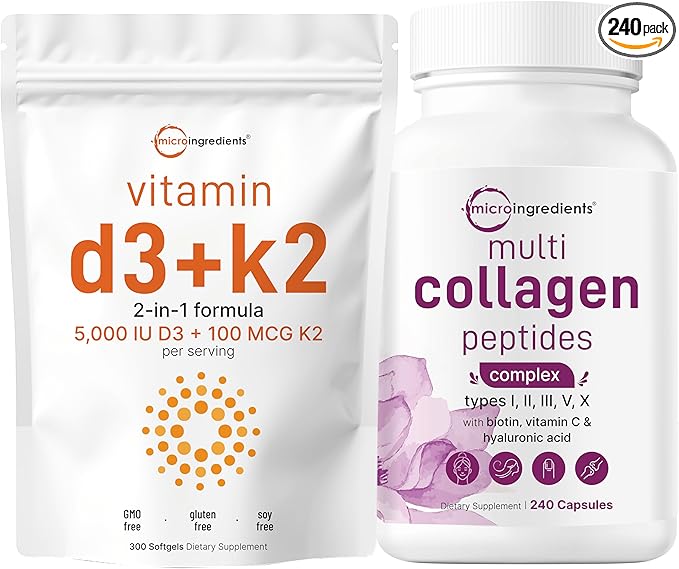 Micro Ingredients Vitamin D3 5000iu + K2 100mcg Softgels &amp Multi Collagen Complex 240 Capsules Bundle 2 Pack | Essential Sunshine Vitamins | Hydrolyzed Protein Peptides