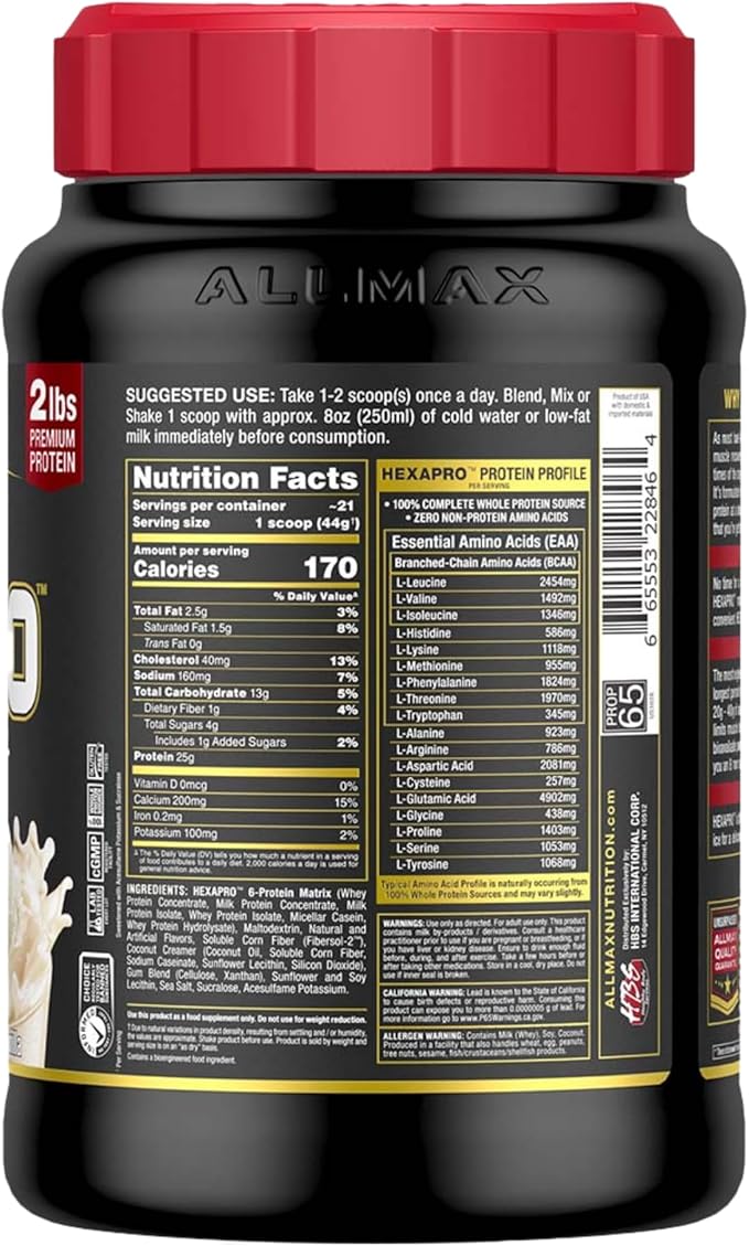 ALLMAX HEXAPRO French Vanilla - 2 lb - 25 Grams of Protein Per Serving - 8-Hour Sustained Release - Zero Sugar - 21 Servings