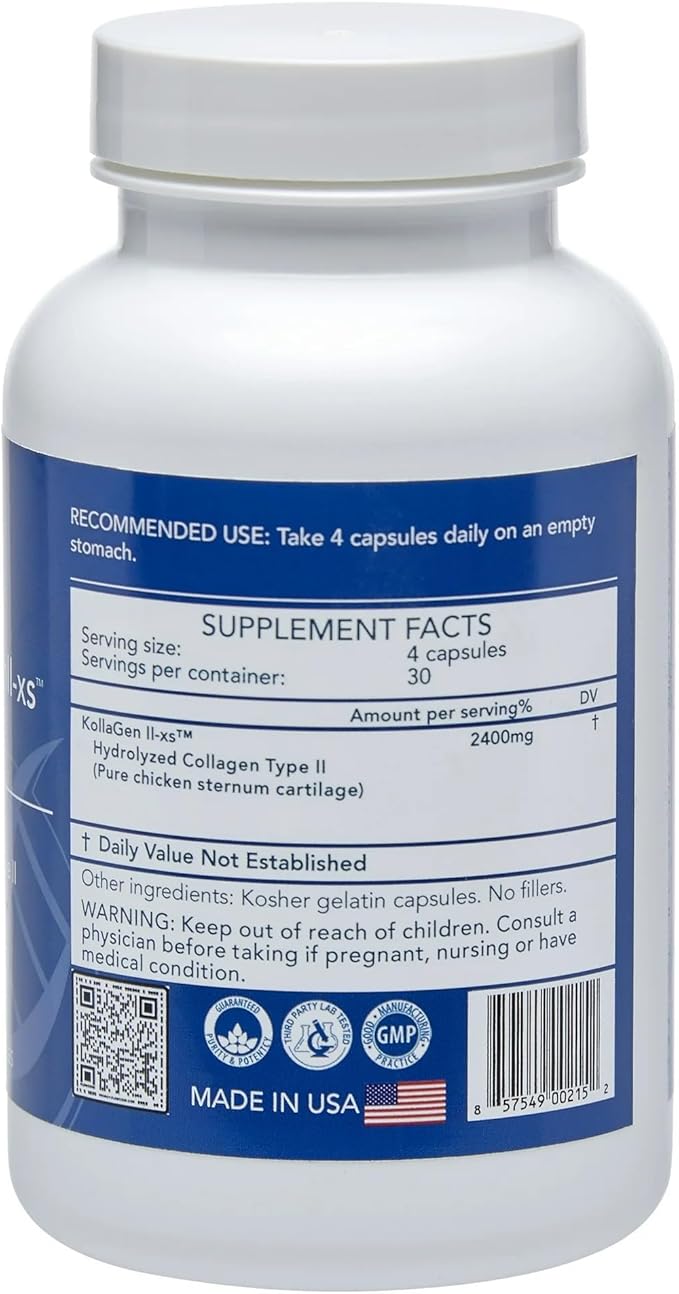 Longevity by Nature Extra Strength KollaGen II-XS- Collagen Type II with Hyaluronic Acid Chondroitin and Glucosamine – Joint Support 120 Capsules.