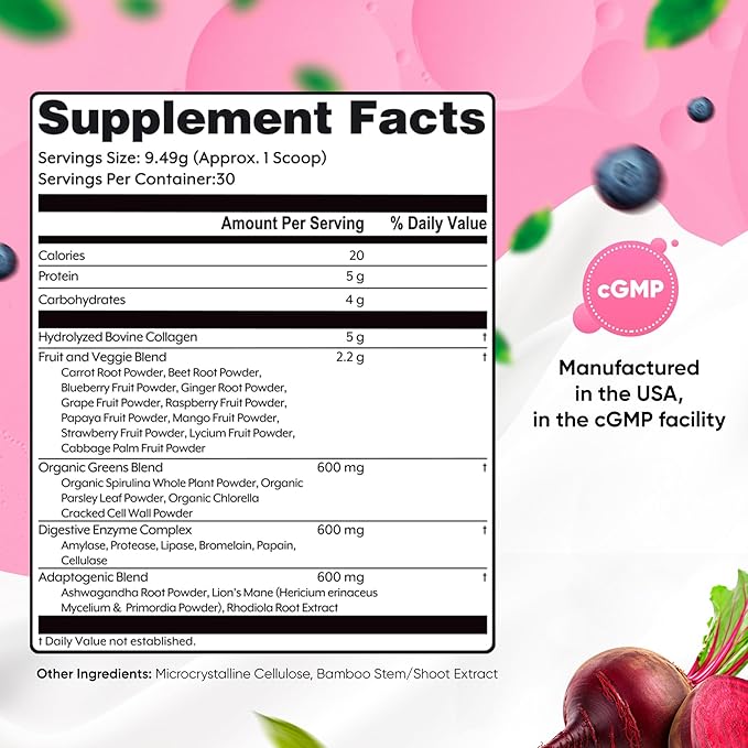 Collagen Peptides with Superfoods and Digestive Enzymes Powder Grass Fed Pasture Raised for Hair Skin Nails and Immune System Support Unflavored Gluten Free10.04 oz
