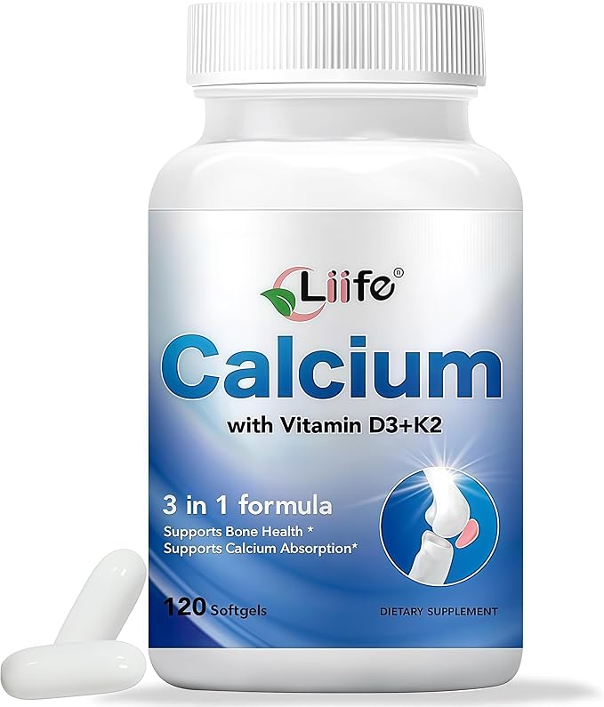 LIIFE 3-in-1 Calcium 150mg + Vitamin D3 1000iu + 100mcg K2（MK4 MK7） Natural Supplement Complex for Bone Health Joint Support and Cardiovascular Health 120 Softgels 60 Day Supply