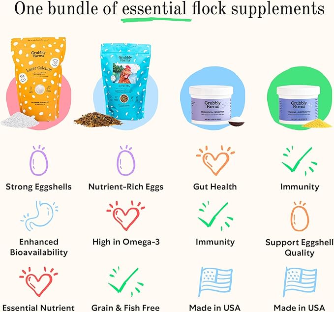 Grubbly Farms Supplements Bundle - Layer Calcium Probiotics+Prebiotics Vitamins+Electrolytes &amp Omega Mix - Complete Nutrition Support Strong Eggshells &amp Digestive Wellness for Laying Hens -