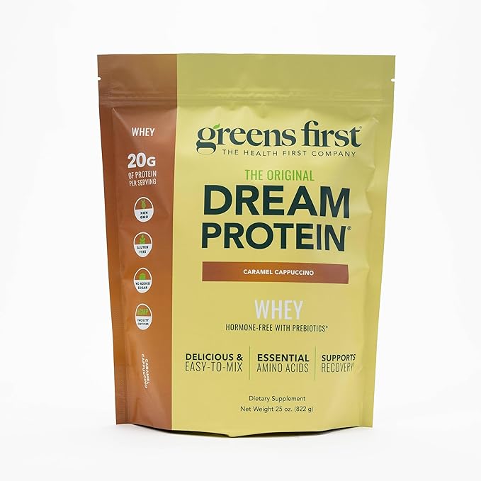 Greens First Dream Protein Powder Whey - 20g Protein Per Serving - Hormone-Free with Prebiotics - Non-GMO - No Artificial Sweeteners/MSG/Aspartame (Caramel Cappuccino 25 oz)