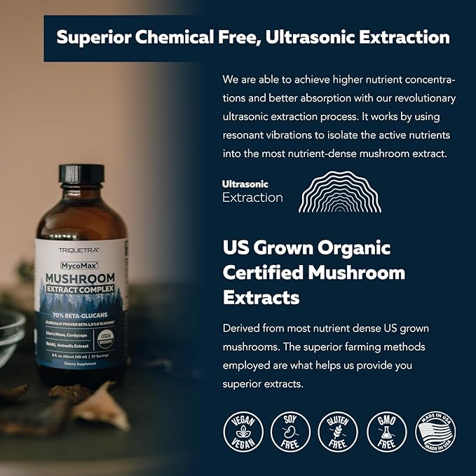 MycoMax Mushroom Complex - 70% Beta Glucans Max Potency Mushroom Supplement US Grown + Ultrasonic Extraction - Lions Mane Cordyceps Reishi &amp More - Promotes Cognition Immunity Energy - 8 oz.