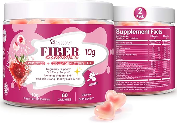10G Fiber Gummies with Collagen Peptides Hyaluronic Acid Vitamin C ACV &amp 30 Billion CFU Probiotics – Sugar Free Collagen Gummies for Skin Hair &amp Nails – Digestive Support – 120 Cts