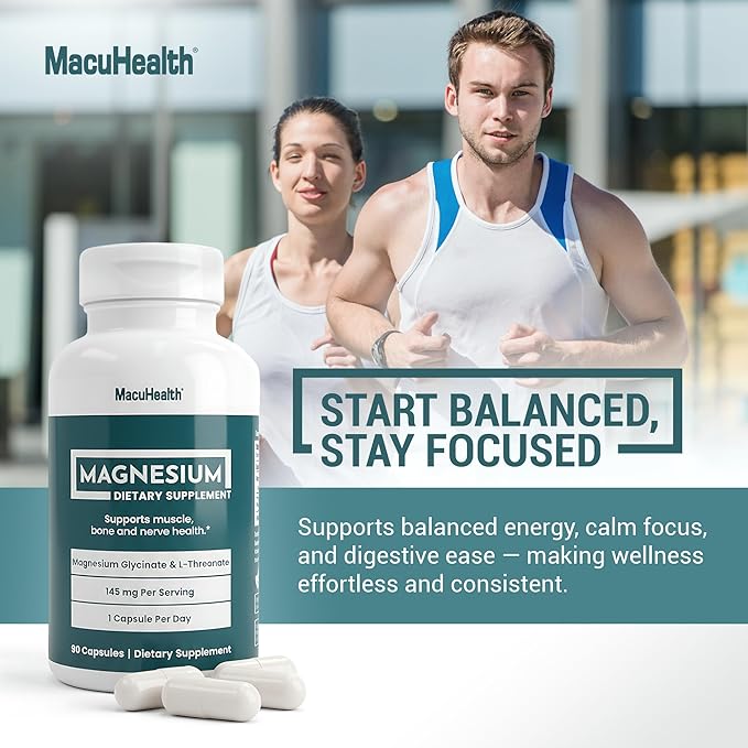 MacuHealth Magnesium Glycinate &amp L-Threonate 145mg - 90 Capsules - Highly Absorbable Magnesium for Energy Calm &amp Focus - Gentle on Stomach Vegan Non-GMO - Premium Chelated Magnesium Supplem