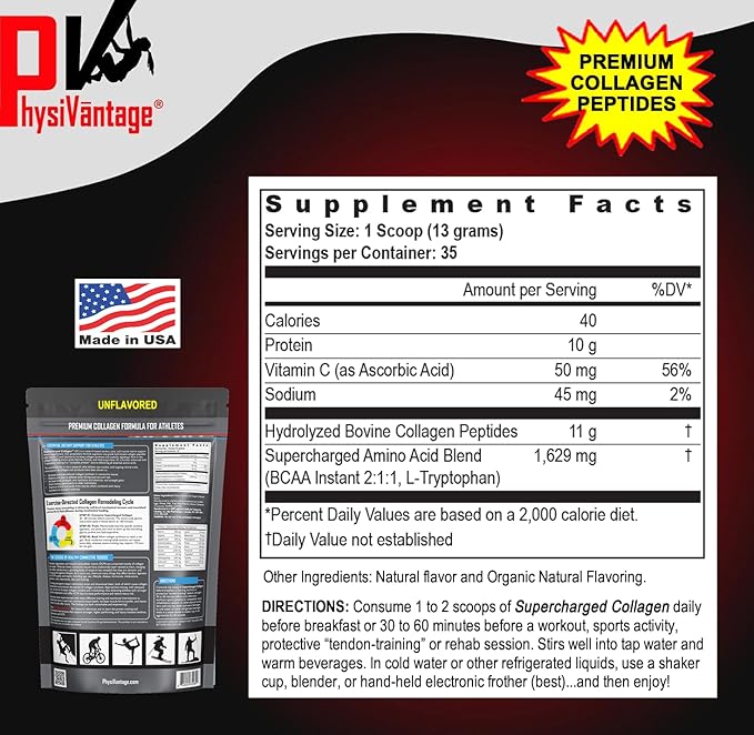 PhysiVantage Supercharged Collagen Peptides Powder - Hydrolyzed Collagen for Joint Tendon Ligament &amp Skin Health Support - Vanilla Keto Paleo 16oz | Enhanced with Vitamin C BCAAs Grass-Fed