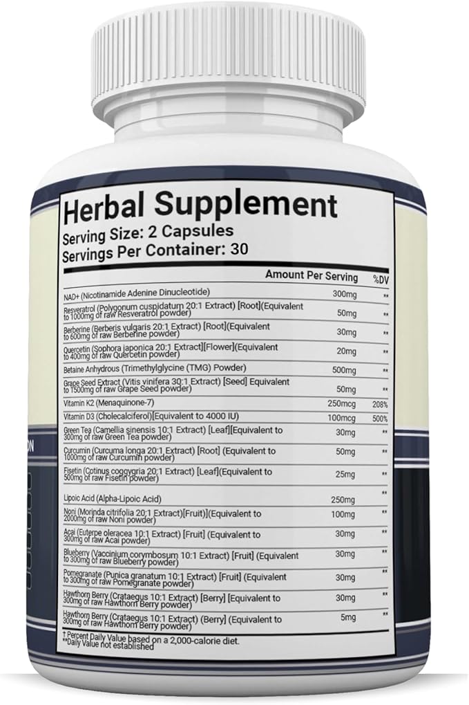NAD+ Resveratrol Supplement for Energy Cellular Health &amp Healthy Aging – High Potency NAD Plus Capsules for Men &amp Women – Antioxidant Support (60 Count (Pack of 1))