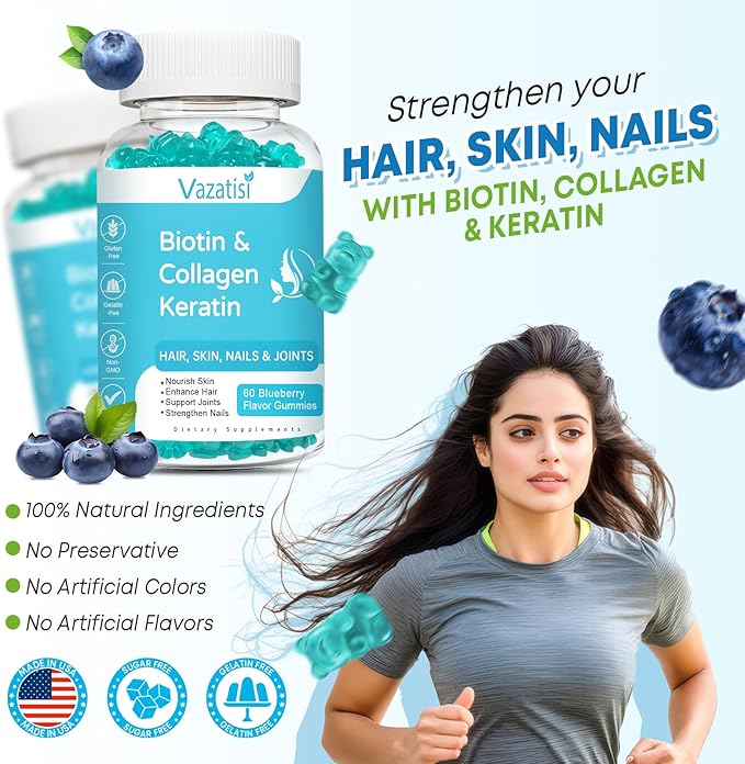 2 Pack Biotin Gummies with Collagen &amp Keratin for Hair Skin Nails- Women Men Kids - 120 Blueberry Flavored Gummies
