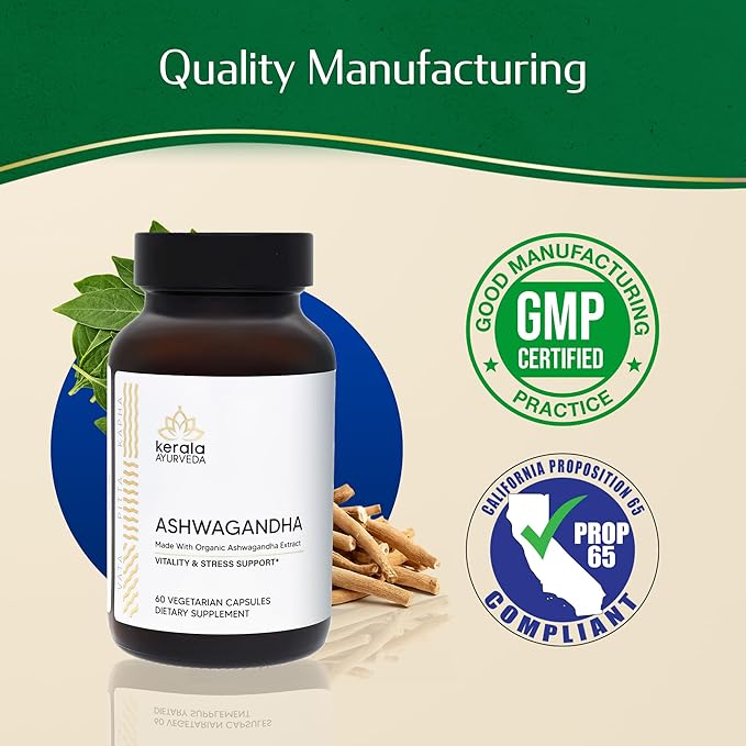 Kerala Ayurveda Ashwagandha Capsules – 60 Vegan Capsules | Organic Adaptogen for Stress Support Mood Balance &amp Daily Vitality | Supports Healthy Stress Response &amp Immune Support | Prop 65 Com