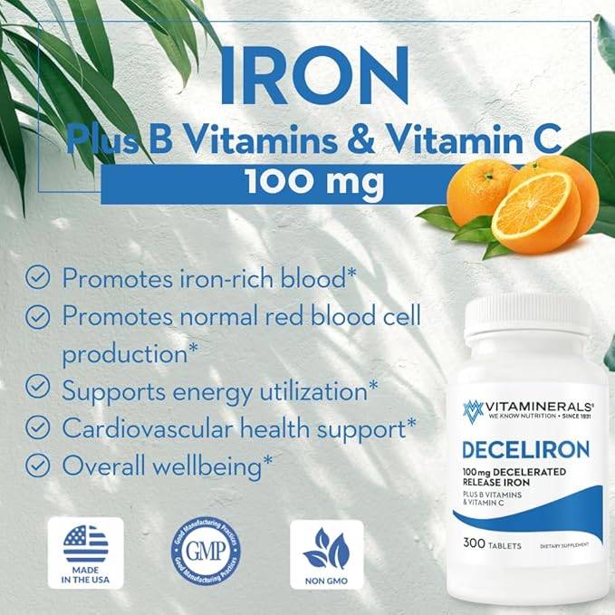 Vitaminerals Deceliron | 100mg Iron | B Vitamins | Vitamin C | Gentle Red Blood Cell Supplement | Non-GMO | Vegan Gluten &amp Dairy Free | 300 Tablets