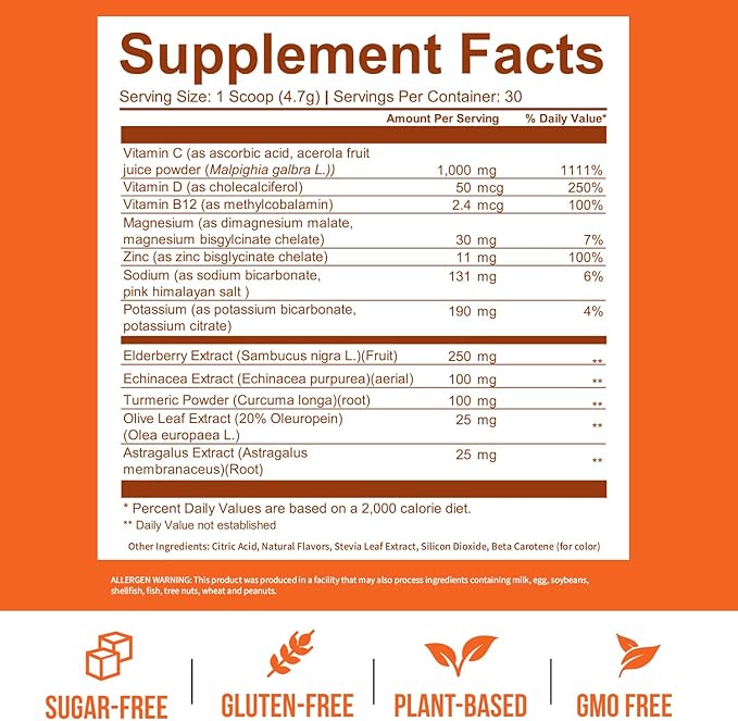 GOBIOTIX Vitamin C - Immune Defense Support Supplement - Immunity Powder Wellness Booster - Vegan Superfood - Elderberry Turmeric B12 Vitamin Supplement Non-GMO and Sugar Free (Orange)