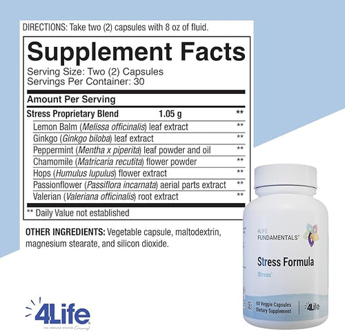 4Life Stress Formula Dietary Supplement Supports Nervous System and Sleep with Lemon Balm Chamomile &amp Valerian Root 60 Capsules