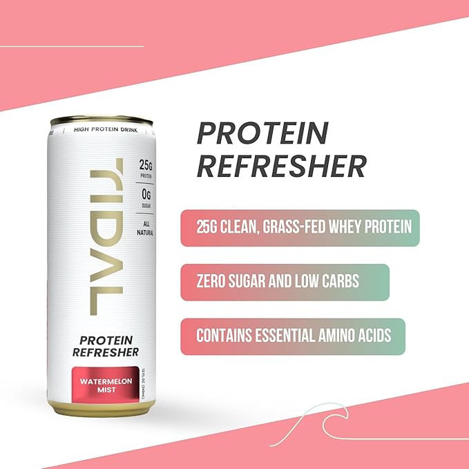 Tidal Protein Refresher | 12 fl oz | 12 Pack | 25g Clean Grass-Fed Whey | Sugar Free | Made with Natural Flavors | Drink with Essential BCAAs