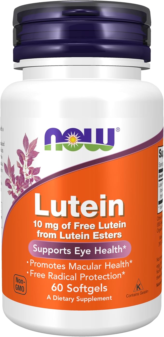 NOW Foods Supplements Lutein 10 mg with 10 mg of Free Lutein from Lutein Esters 60 Softgels