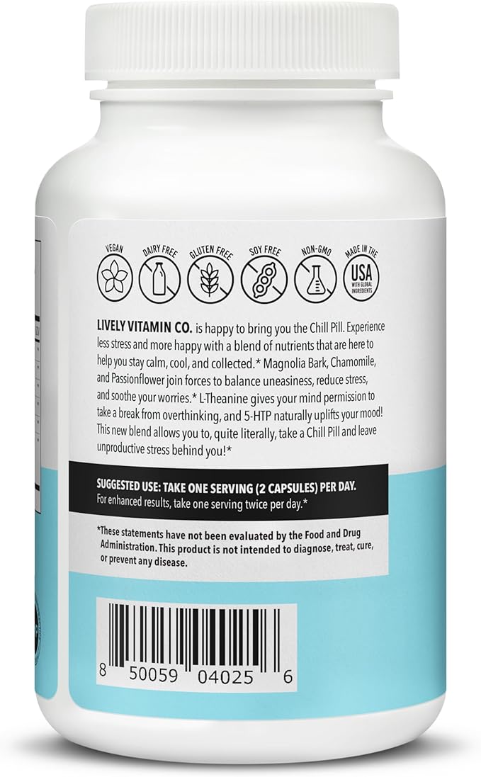 LIVELY VITAMIN CO. Chill Pill - Calm Mood - Relax - Restful Deep Sleep - REM - Stress - Anxiousness - Magnolia Bark - Chamomile - L-Theanine - Passionflower - 5-HTP - 90 Vegan Capsules