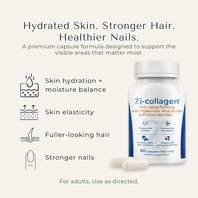 Zi-Collagen Marine Collagen Capsules for Skin Hair &amp Nails – Collagen Supplement with Phytoceramides Hyaluronic Acid Biotin &amp Vitamins A C D3 E – 60 Capsules