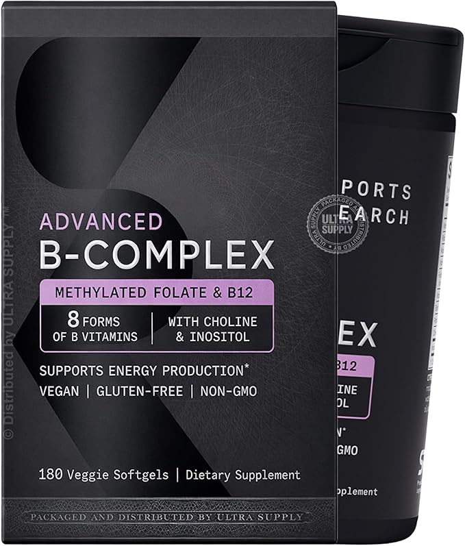 Sports_Researchs Advanced B-Complex (180 Count.) Full Spectrum B Vitamins with Methylated Folate &amp B12 - Vegan Gluten Free Non-GMO Energy Support Formula