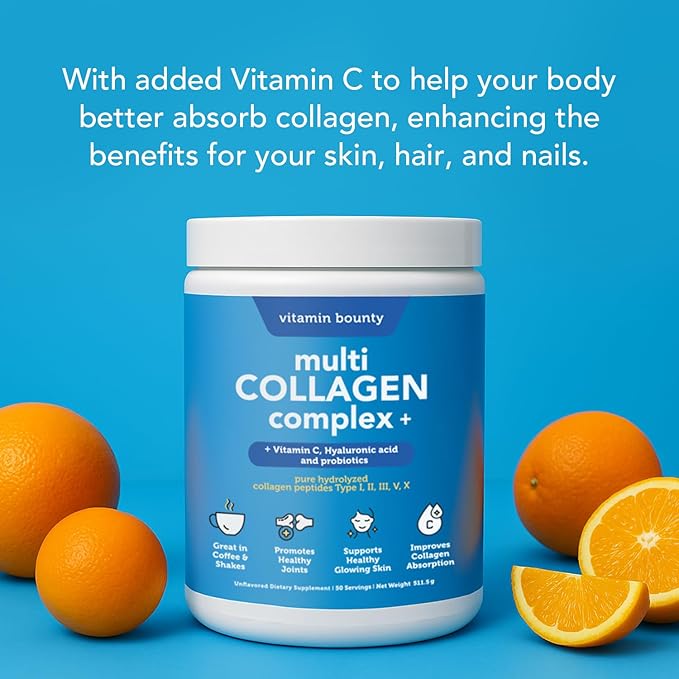 Vitamin Bounty Multi Collagen Peptides Powder for Men &amp Women (Complex Plus) - 5 Types Hydrolyzed Collagen Protein - Probiotics Vitamin C &amp Hyaluronic Acid - Grass Fed Bovine Supplements 50