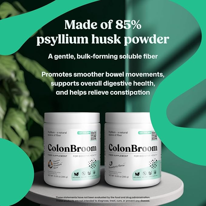 ColonBroom Psyllium Husk Powder - Colon Cleanse for Bloating Relief &amp Gut Health - Fiber Powder Drink - Easy to Mix - Vegan Gluten Free Non-GMO - Strawberry &amp Tropical Fruits (2 Pack)