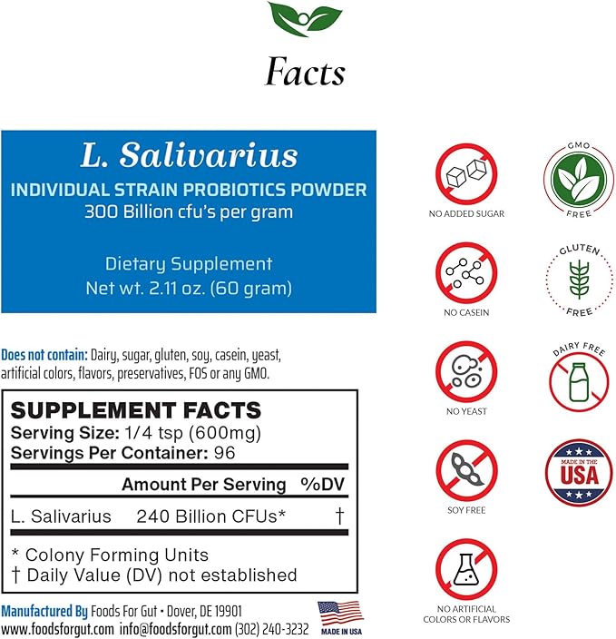 Foods For Gut Lactobacillus Salivarius Probiotic Powder 300 Billion cfu's | Made in USA | No Additives | Digestive &amp Immune Support | High Potency | L.Salivarius | 60 Gram (2.11 Oz)