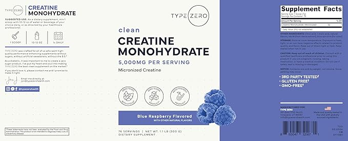 Type Zero Creatine Monohydrate Powder 500 Grams Blue Raspberry Flavor - Gluten-Free