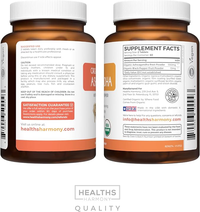 USDA Organic Ashwagandha Supplement - High Potency Ashwagandha Pills Made With Organic Black Pepper for Enhanced Absorption - Vegan Non-GMO Made in the USA &amp Lab Verified (2 Months Supply)