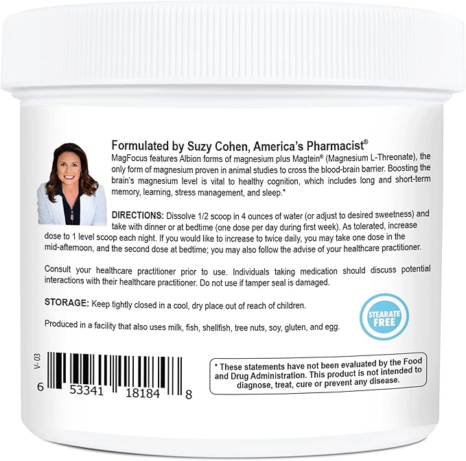 Suzy Cohen MagFocus Magnesium L-Threonate Powder with Magtein (Mixed Berry) Plus Magnesium Glycinate for Wellness Focus and Cognition - Gluten-Free Non-GMO Vegetarian (60 Servings)