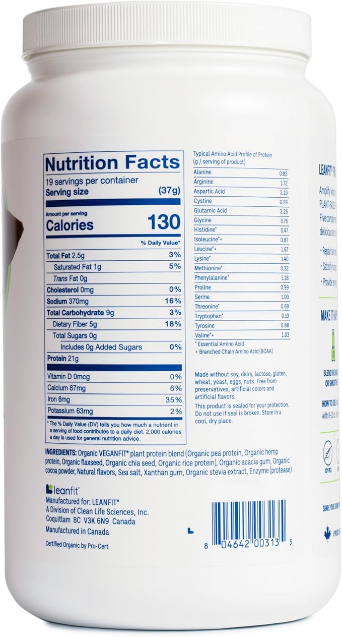 LeanFit Organic Plant-Based Protein Powder Natural Chocolate Flavor - Vegan USDA Organic Certified Soy-Free Gluten-Free Dairy-Free Sugar-Free Non-GMO - 21g Protein 18 Servings 1.58 Pound Tub