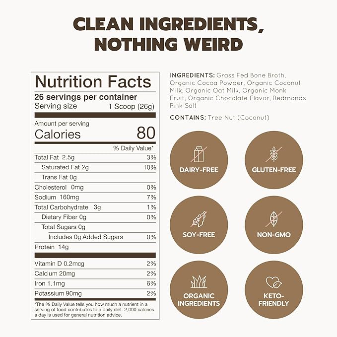 Bone Broth Protein Powder Grass Fed Collagen with 14g Complete Protein per Serving Gluten Free Keto &amp Dairy Free Organic &amp Clean Ingredients No Added Sugar Chocolate 12 Servings