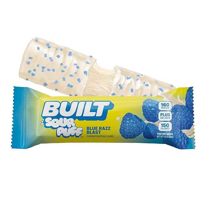 BUILT Bar Sour Puff Protein Bars - Blue Razz Blast - 16g Protein Snack Bars with Collagen - Calorie Conscious &amp Gluten Free - 12 Count