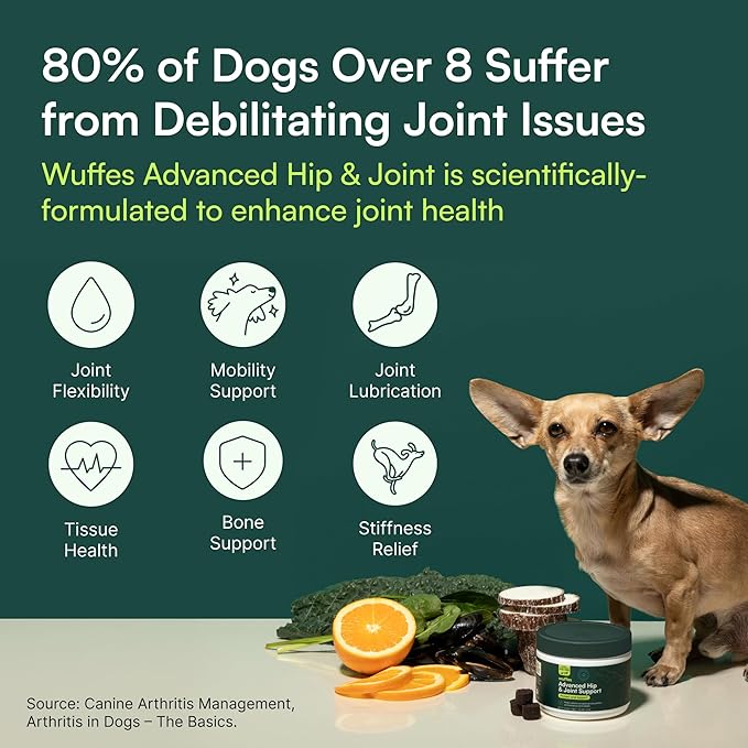 Wuffes Advanced Dog Hip and Joint Supplement with Glucosamine Chondroitin Omega 3 MSM and Green Lipped Mussel 60 Pork Flavored Chews for Small and Medium Dog Breeds