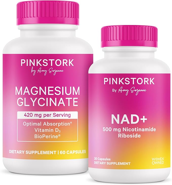 Pink Stork Mood + Women's Wellness Bundle - Magnesium Glycinate + NAD+ Natural Calm Sleep Cell Regeneration Skin Health Energy Cognitive Wellness