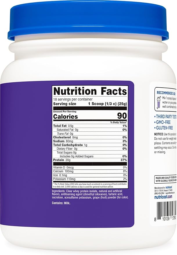 Nutricost Clear Whey Protein Isolate Powder (Concord Grape) 1 LB - 20g of Protein 0g Added Sugar GMO-Free Gluten-Free