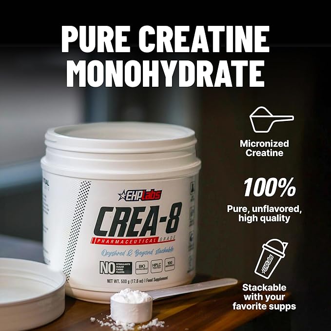 EHP Labs CREA-8 Micronized Creatine Monohydrate Powder - Unflavored Creatine Powder for Muscle Growth Increased Strength Enhanced Energy Output and Improved Performance - 100 Servings (500g)