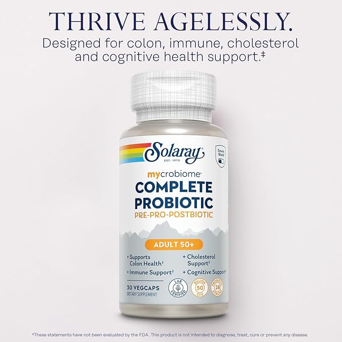SOLARAY Mycrobiome Complete Probiotic Adult 50 Plus - Pre and Probiotics for Women and Men Plus Postbiotic - 50 Billion CFU 28 Strains - Vegan - 30 Servings 30 VegCaps